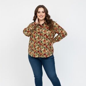 Women’s Green Red Leaf Print Button Down Corduroy Top XL Cottagecore Autumn Soft